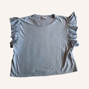 Zara Top w/ ruffle shoulders, sky light blue, size M, 100% cotton